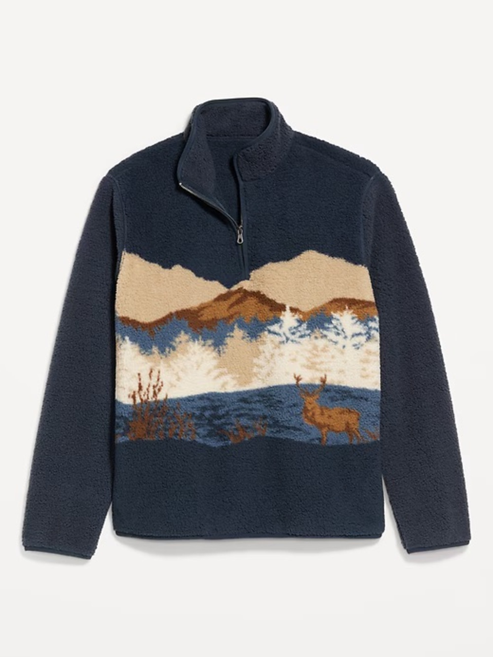 Old Navy Navy Sherpa Quarter-Zip Sweater with Mountain Deer Scene